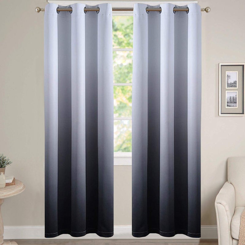 Yakamok Room Darkening Greyish White and Black Blackout Ombre Curtains Thickening Polyester Thermal Insulated Grommet Gradient Color Drapes for Bedroom (Black, 2 Panels, 38x84 Inch) - Image 1